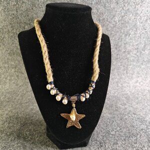 Karola & Co. Necklace Unisex Medium Blue Braided Rope Pearl Star Charm Boho Styl